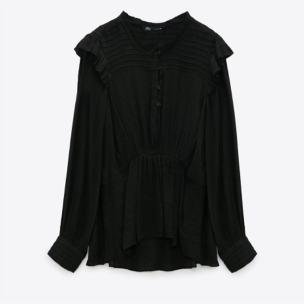 Zara Sheer Pleated Flowy Blouse Black Large